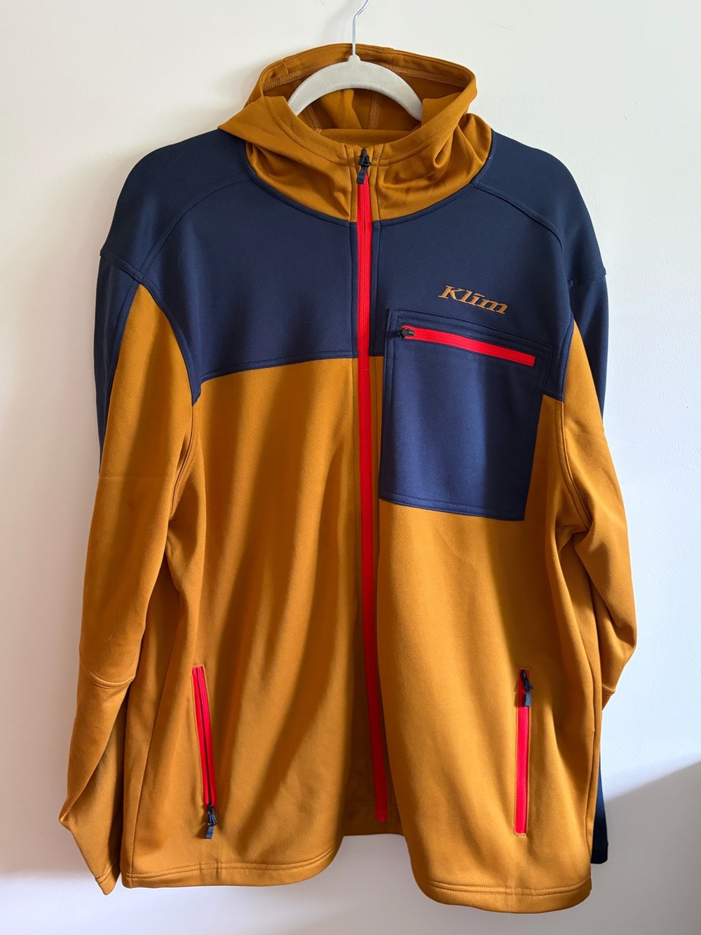 KLIM- size XL Glacier Hoodie in the "Golden Brown / Dress Blues" color mix.